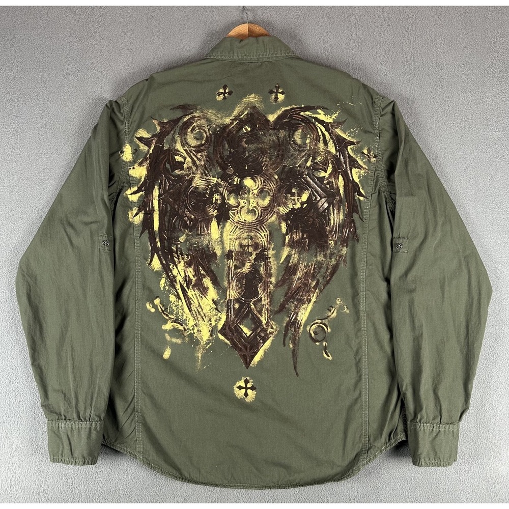 Affliction Shirt Mens XL Olive Green Black Premium Cross Goth Y2K Epaulet
